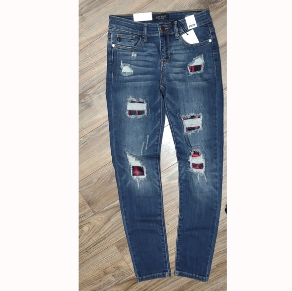 Red Buffalo Plaid Distressed Skinny Jeans - Picture 5 of 6